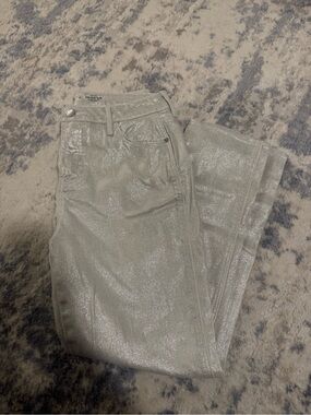 Shimmery Silver High-Waist Straight Leg Jeans